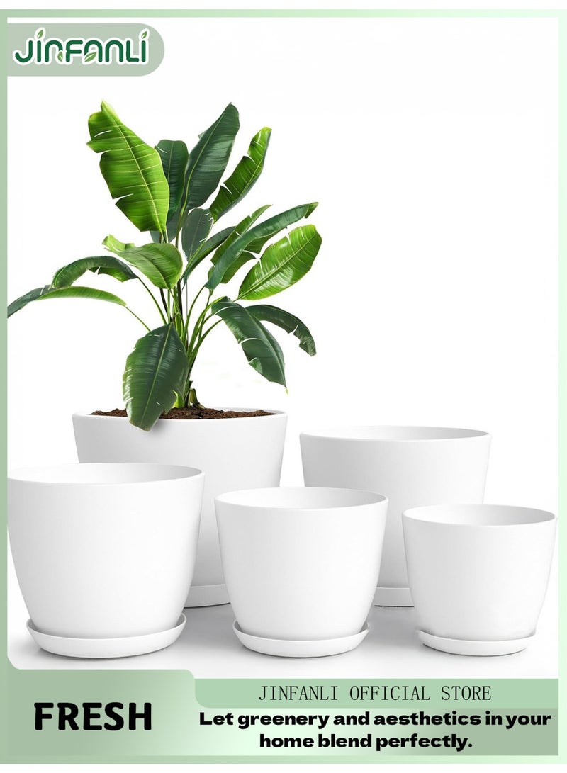 جين فان ل أنا مجموعة من 10 أواني زهور بلاستيكية، أواني نباتات بفتحات تصريف، أواني نباتات بفتحات تصريف وصينية، أواني زهور بلاستيكية عصرية مزخرفة لجميع النباتات الداخلية والعصاريات والزهور والمشاتل (أبيض) - Image 1